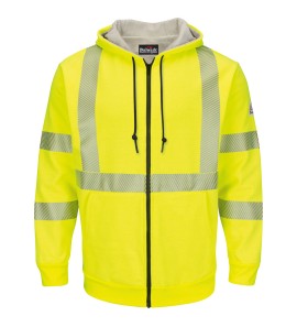 Bulwark SMZ4HV Men's Fleece FR Hi-Visibility Zip-Front Hooded Sweatshirt with Waffle Lining